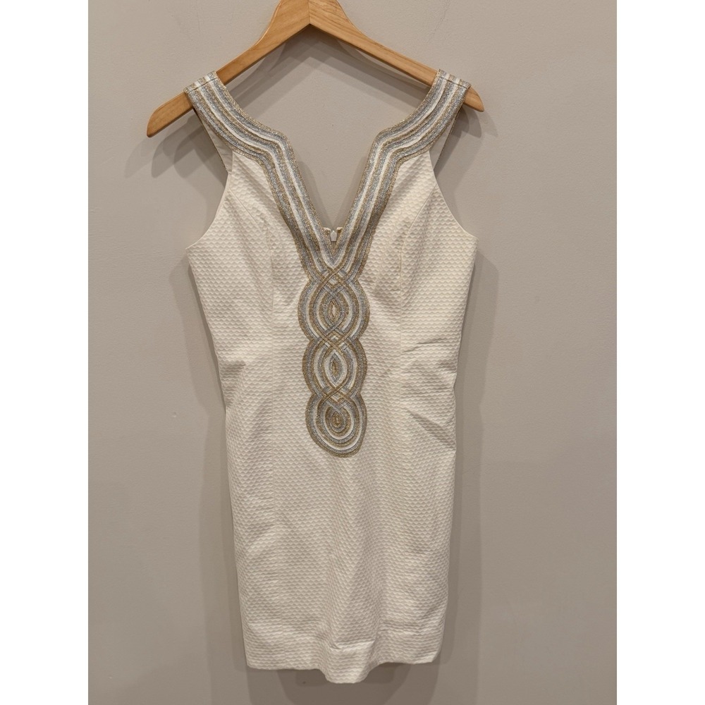 Lilly Pulitzer Valli Soft Shift Kentucky‎ Derby Dress White Gold Beaded Silver L